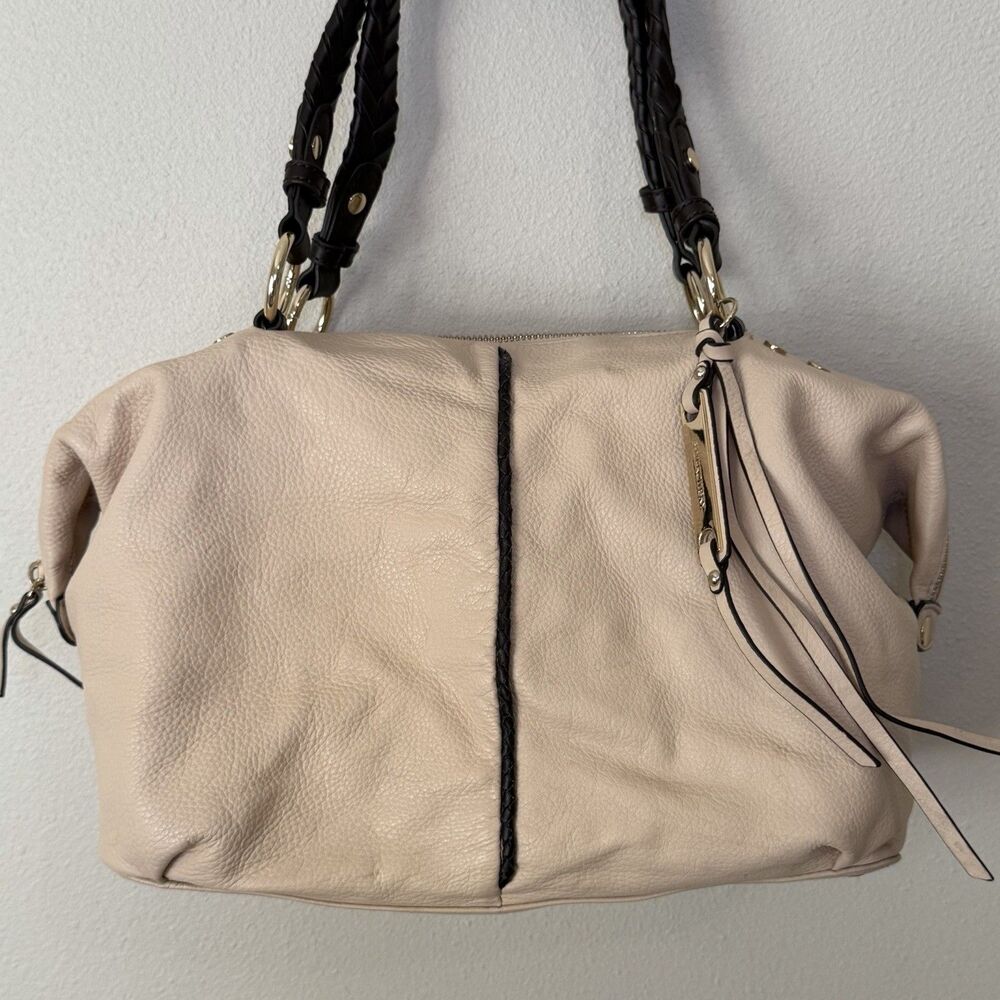 B. Makowsky Cream Beige Leather Shoulder Bag Satchel Braided Handles Boho Purse - Picture 10 of 16